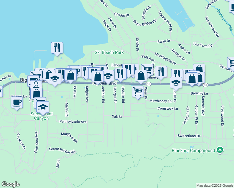 map of restaurants, bars, coffee shops, grocery stores, and more near 563 Georgia Street in Big Bear Lake