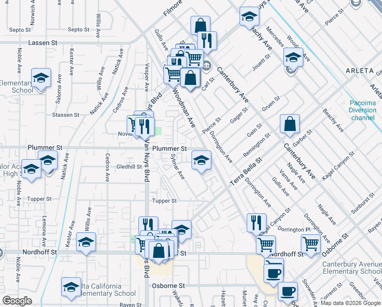 map of restaurants, bars, coffee shops, grocery stores, and more near 14408 Plummer Street in Los Angeles