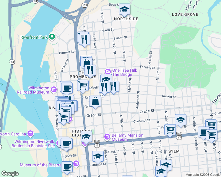 map of restaurants, bars, coffee shops, grocery stores, and more near 518 North 6th Street in Wilmington
