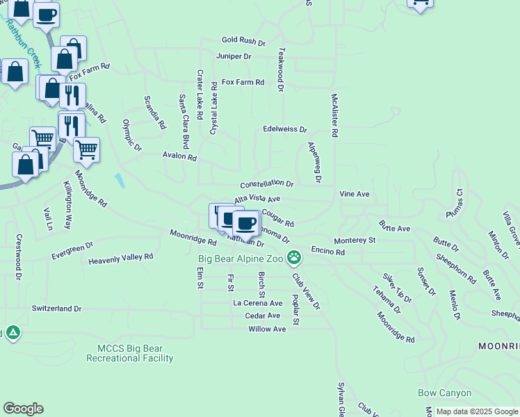 map of restaurants, bars, coffee shops, grocery stores, and more near 42690 Cougar Road in Big Bear Lake