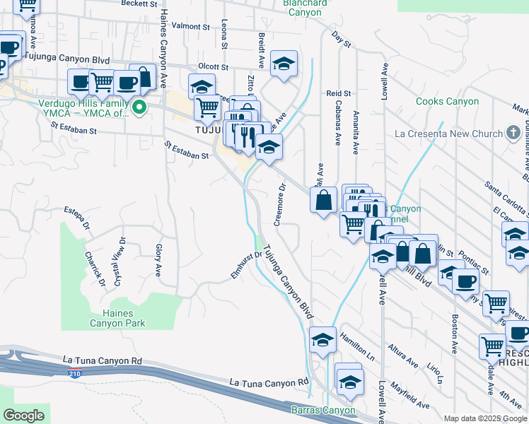 map of restaurants, bars, coffee shops, grocery stores, and more near 9628 Tujunga Canyon Boulevard in Los Angeles