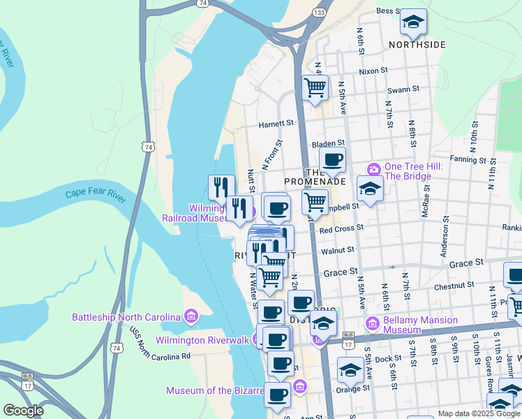 map of restaurants, bars, coffee shops, grocery stores, and more near 623 Nutt Street in Wilmington