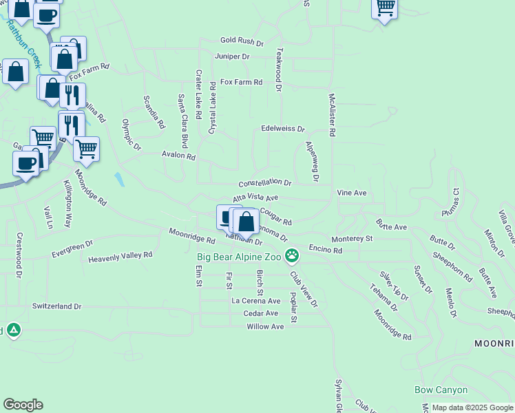 map of restaurants, bars, coffee shops, grocery stores, and more near 42690 Cougar Road in Big Bear Lake