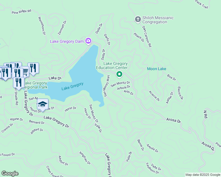 map of restaurants, bars, coffee shops, grocery stores, and more near 24697 San Moritz Drive in Crestline
