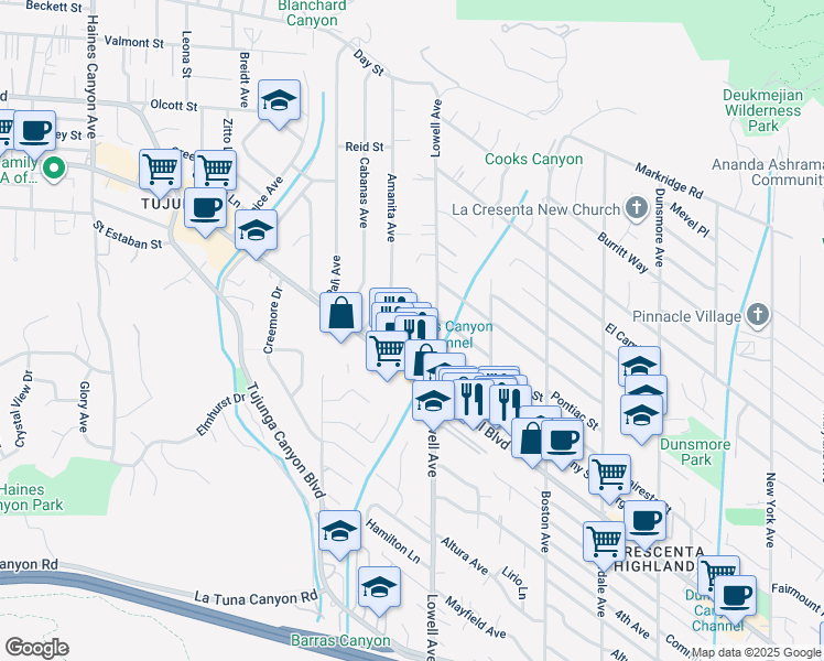 map of restaurants, bars, coffee shops, grocery stores, and more near 4025 Vista Court in Glendale