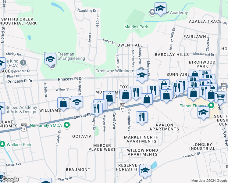 map of restaurants, bars, coffee shops, grocery stores, and more near 124 Montgomery Avenue in Wilmington