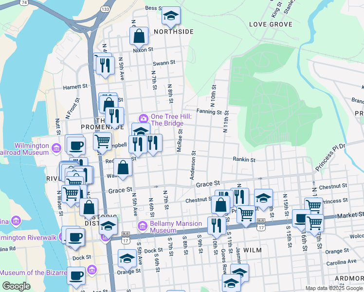 map of restaurants, bars, coffee shops, grocery stores, and more near 512 McRae Street in Wilmington