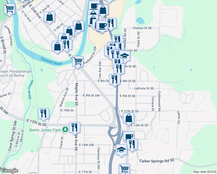 map of restaurants, bars, coffee shops, grocery stores, and more near 309 East 9th Street Southwest in Rome