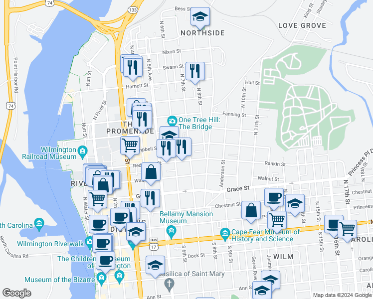 map of restaurants, bars, coffee shops, grocery stores, and more near 515 North 7th Street in Wilmington