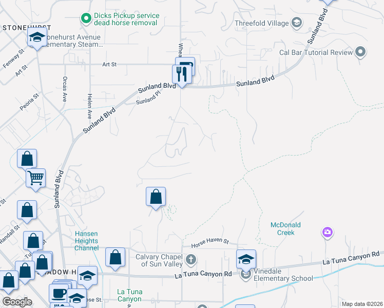 map of restaurants, bars, coffee shops, grocery stores, and more near 9550 Wheatland Avenue in Los Angeles