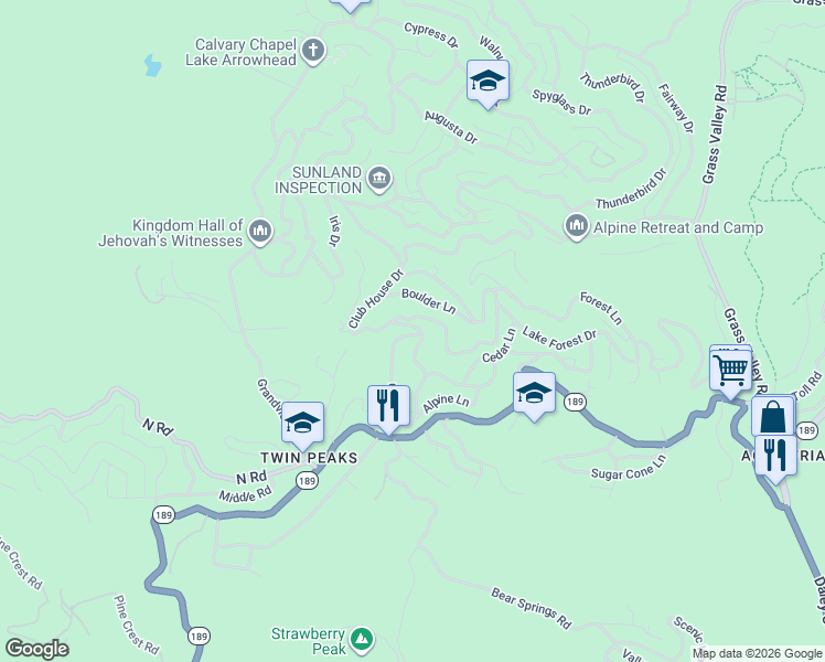 map of restaurants, bars, coffee shops, grocery stores, and more near 600 Rose Lane in Lake Arrowhead