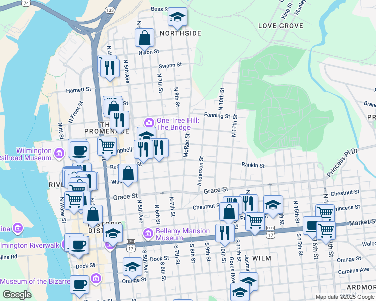 map of restaurants, bars, coffee shops, grocery stores, and more near 512 McRae Street in Wilmington