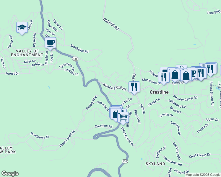 map of restaurants, bars, coffee shops, grocery stores, and more near 23409 Knapps Cutoff in Crestline