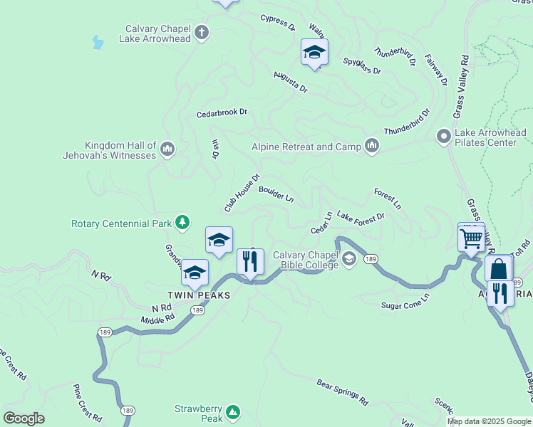 map of restaurants, bars, coffee shops, grocery stores, and more near 600 Rose Lane in Lake Arrowhead