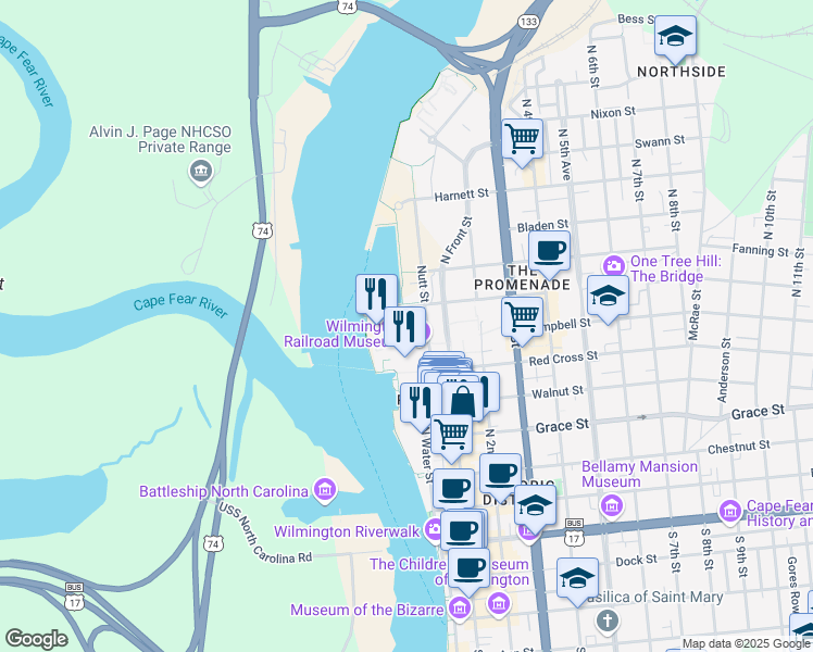 map of restaurants, bars, coffee shops, grocery stores, and more near 515 Nutt Street in Wilmington