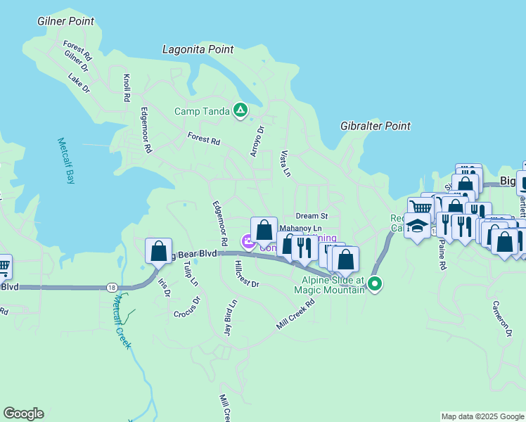 map of restaurants, bars, coffee shops, grocery stores, and more near 587 Highland Lane in Big Bear Lake