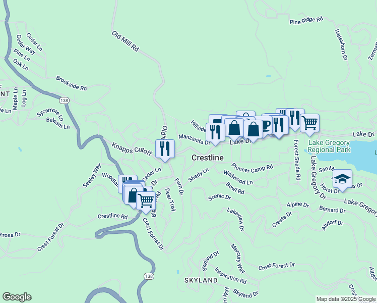 map of restaurants, bars, coffee shops, grocery stores, and more near 23691 Rocky Dell Road in Crestline
