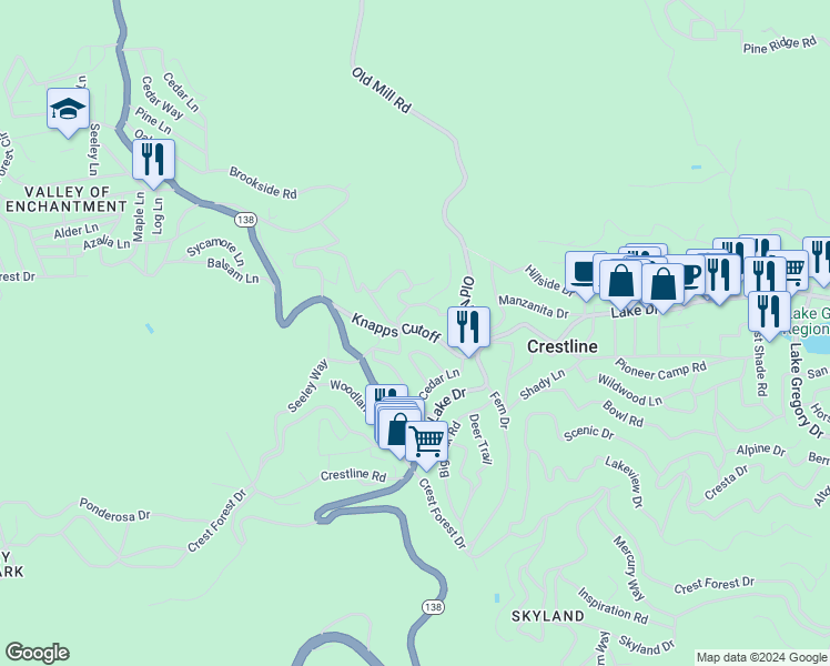map of restaurants, bars, coffee shops, grocery stores, and more near 670 Knoll Drive in Crestline