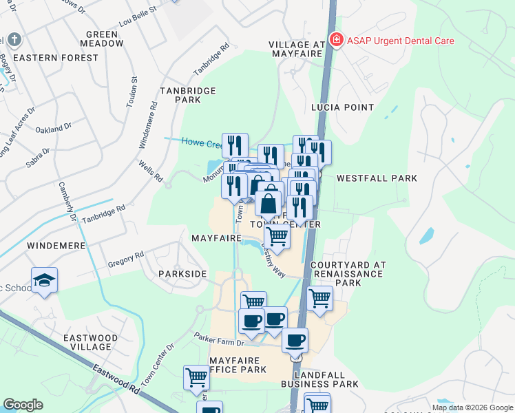 map of restaurants, bars, coffee shops, grocery stores, and more near 925 Town Center Drive in Wilmington