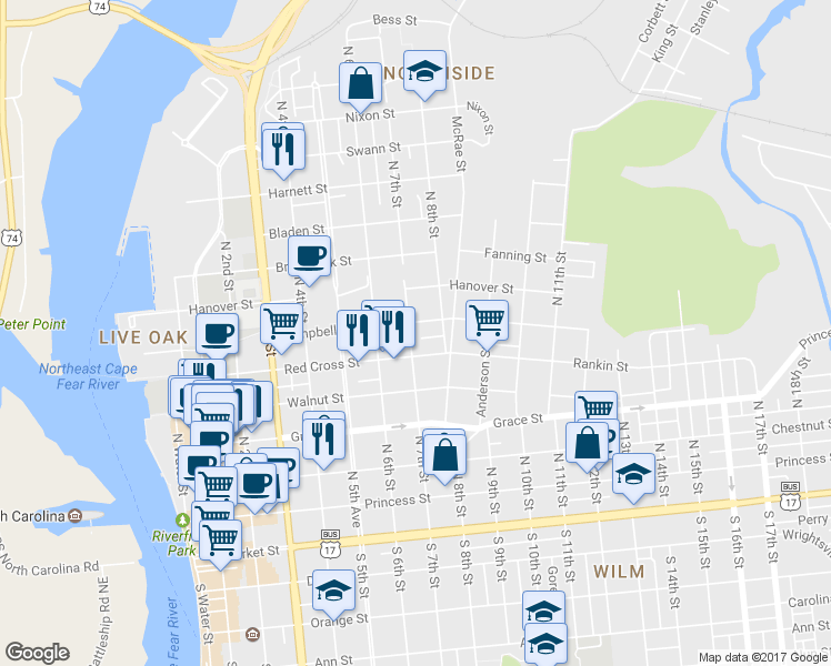 map of restaurants, bars, coffee shops, grocery stores, and more near 509 North 7th Street in Wilmington