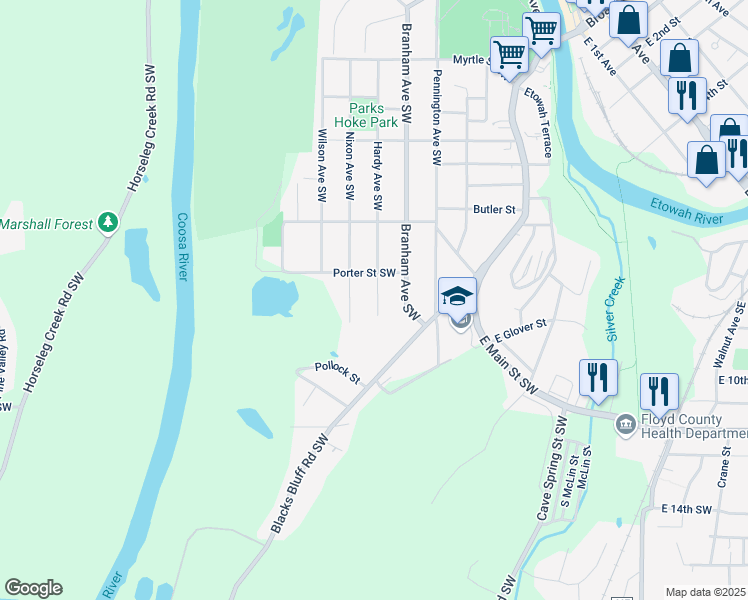 map of restaurants, bars, coffee shops, grocery stores, and more near 610 Hardy Avenue Southwest in Rome