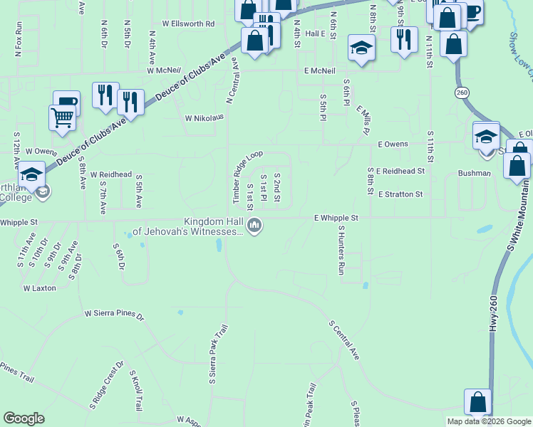 map of restaurants, bars, coffee shops, grocery stores, and more near 310 Timber Ridge Loop in Show Low