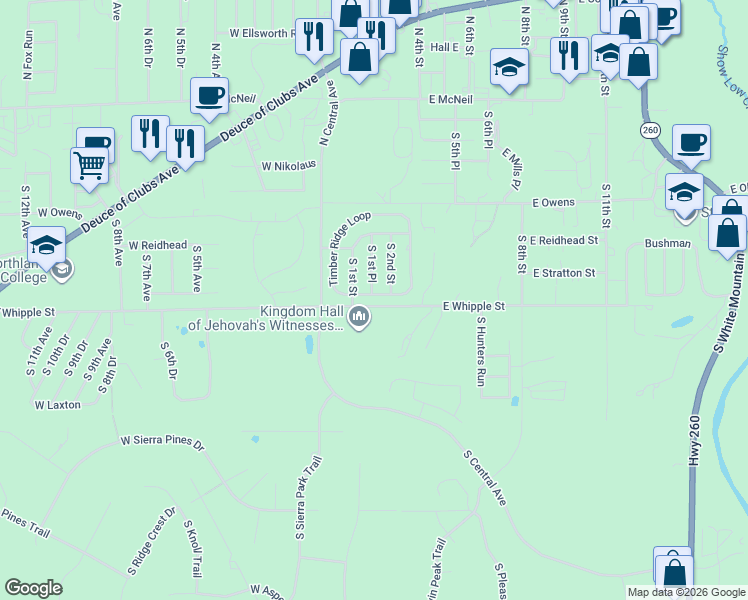 map of restaurants, bars, coffee shops, grocery stores, and more near 310 Timber Ridge Loop in Show Low