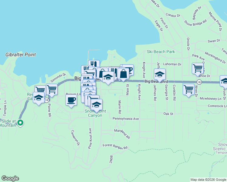 map of restaurants, bars, coffee shops, grocery stores, and more near 547 Alden Road in Big Bear Lake
