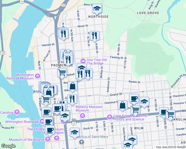 map of restaurants, bars, coffee shops, grocery stores, and more near 516 North 7th Street in Wilmington