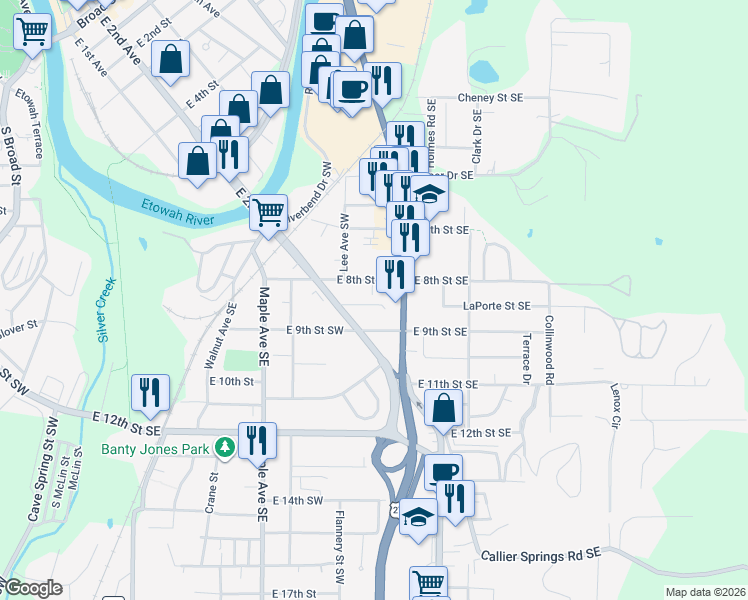 map of restaurants, bars, coffee shops, grocery stores, and more near 309 East 9th Street Southwest in Rome