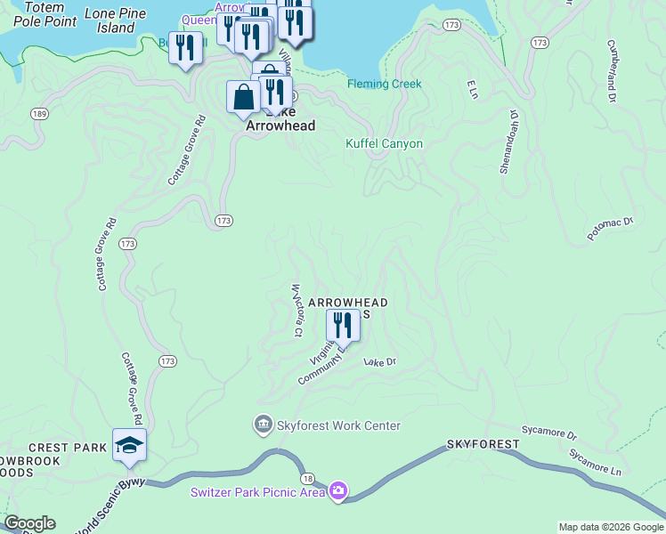 map of restaurants, bars, coffee shops, grocery stores, and more near 605 Wellsley Drive in Lake Arrowhead