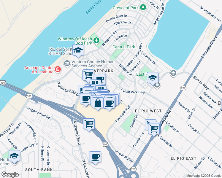 map of restaurants, bars, coffee shops, grocery stores, and more near 500 Forest Park Boulevard in Oxnard