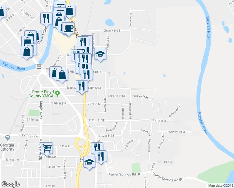 map of restaurants, bars, coffee shops, grocery stores, and more near 513 LaPorte Street Southeast in Rome