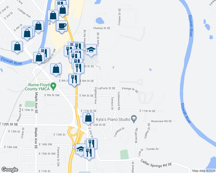 map of restaurants, bars, coffee shops, grocery stores, and more near 515 LaPorte Street Southeast in Rome