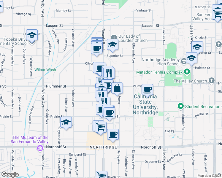 map of restaurants, bars, coffee shops, grocery stores, and more near 18410 Plummer Street in Los Angeles