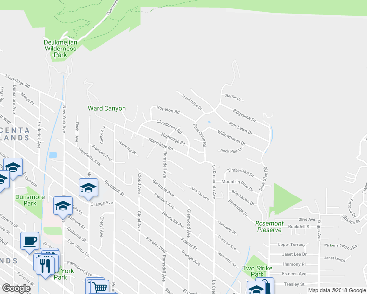 map of restaurants, bars, coffee shops, grocery stores, and more near 2908 Highridge Road in La Crescenta-Montrose