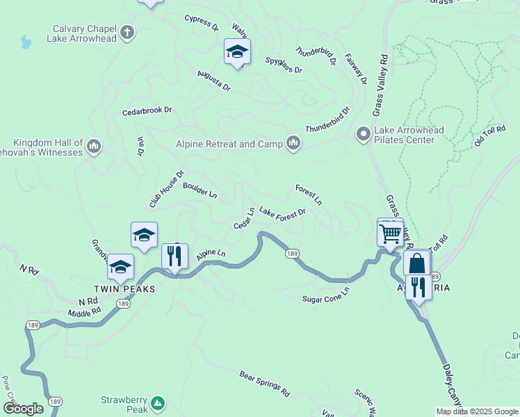 map of restaurants, bars, coffee shops, grocery stores, and more near Lake Forest Drive in Lake Arrowhead