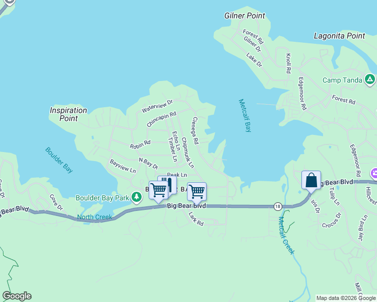 map of restaurants, bars, coffee shops, grocery stores, and more near 607 Chipmunk Lane in Big Bear Lake