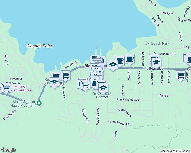 map of restaurants, bars, coffee shops, grocery stores, and more near 582 Pine Knot Avenue in Big Bear Lake