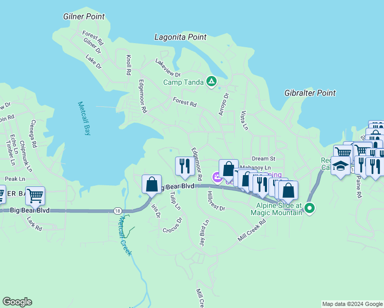 map of restaurants, bars, coffee shops, grocery stores, and more near in Big Bear Lake