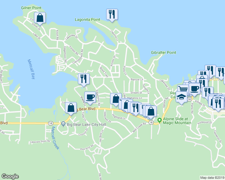 map of restaurants, bars, coffee shops, grocery stores, and more near 567 Highland Road in Big Bear Lake