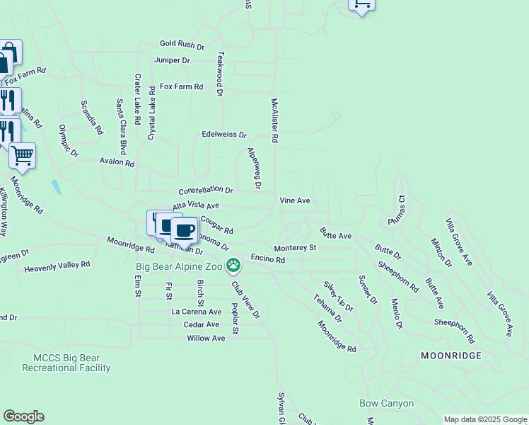 map of restaurants, bars, coffee shops, grocery stores, and more near 1218 Alta Vista Avenue in Big Bear