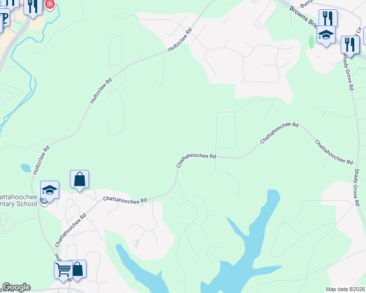 map of restaurants, bars, coffee shops, grocery stores, and more near 3575 Chattahoochee Road in Cumming