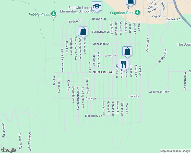 map of restaurants, bars, coffee shops, grocery stores, and more near 533 Sunset Lane in Big Bear