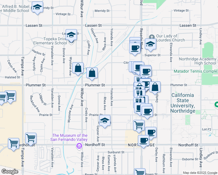 map of restaurants, bars, coffee shops, grocery stores, and more near 18706 Plummer Street in Los Angeles