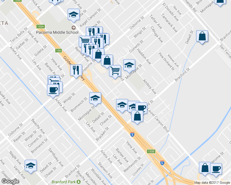 map of restaurants, bars, coffee shops, grocery stores, and more near 13083 Cascade Court in Los Angeles
