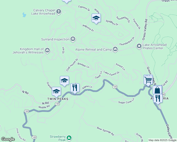 map of restaurants, bars, coffee shops, grocery stores, and more near in Lake Arrowhead