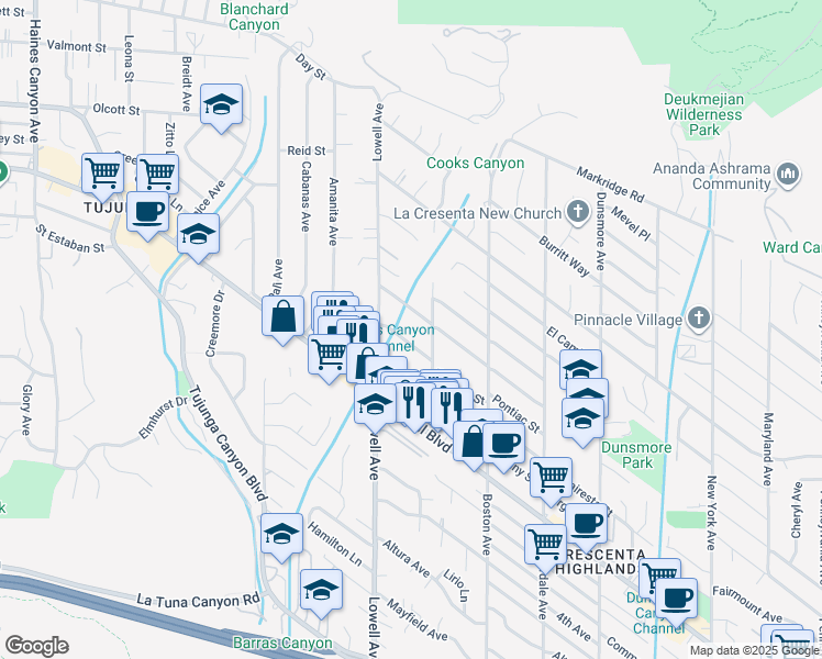 map of restaurants, bars, coffee shops, grocery stores, and more near 3945 Franklin Street in Glendale