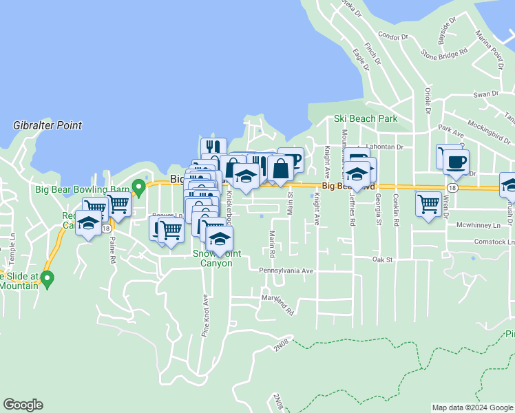 map of restaurants, bars, coffee shops, grocery stores, and more near 547 Alden Road in Big Bear Lake