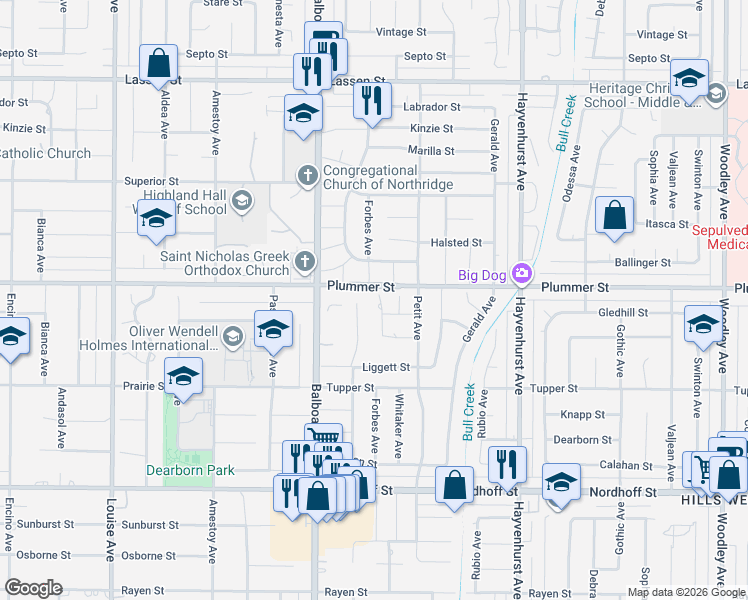 map of restaurants, bars, coffee shops, grocery stores, and more near 9433 Forbes Avenue in Los Angeles